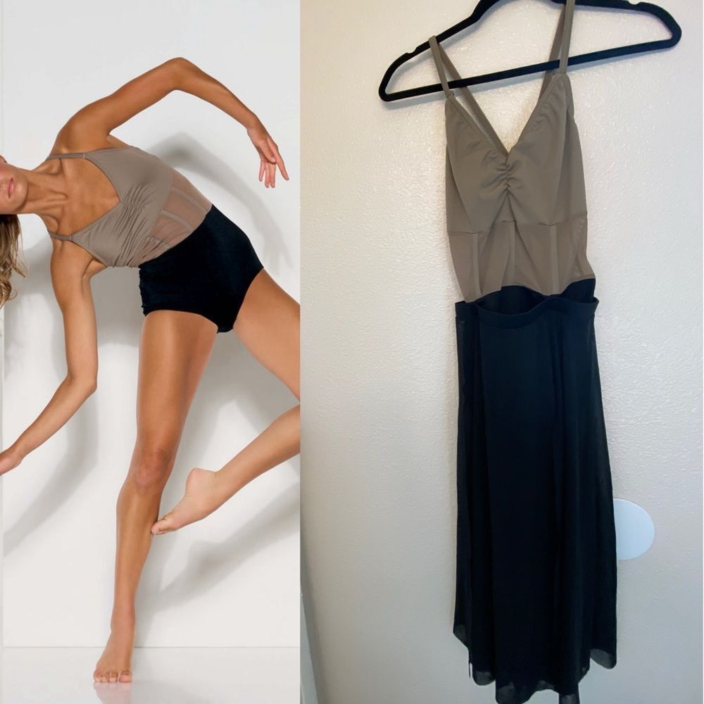 Kelle dance costume tan black 2 piece skirt leotard 5382 CASTLE ON THE HILL MA